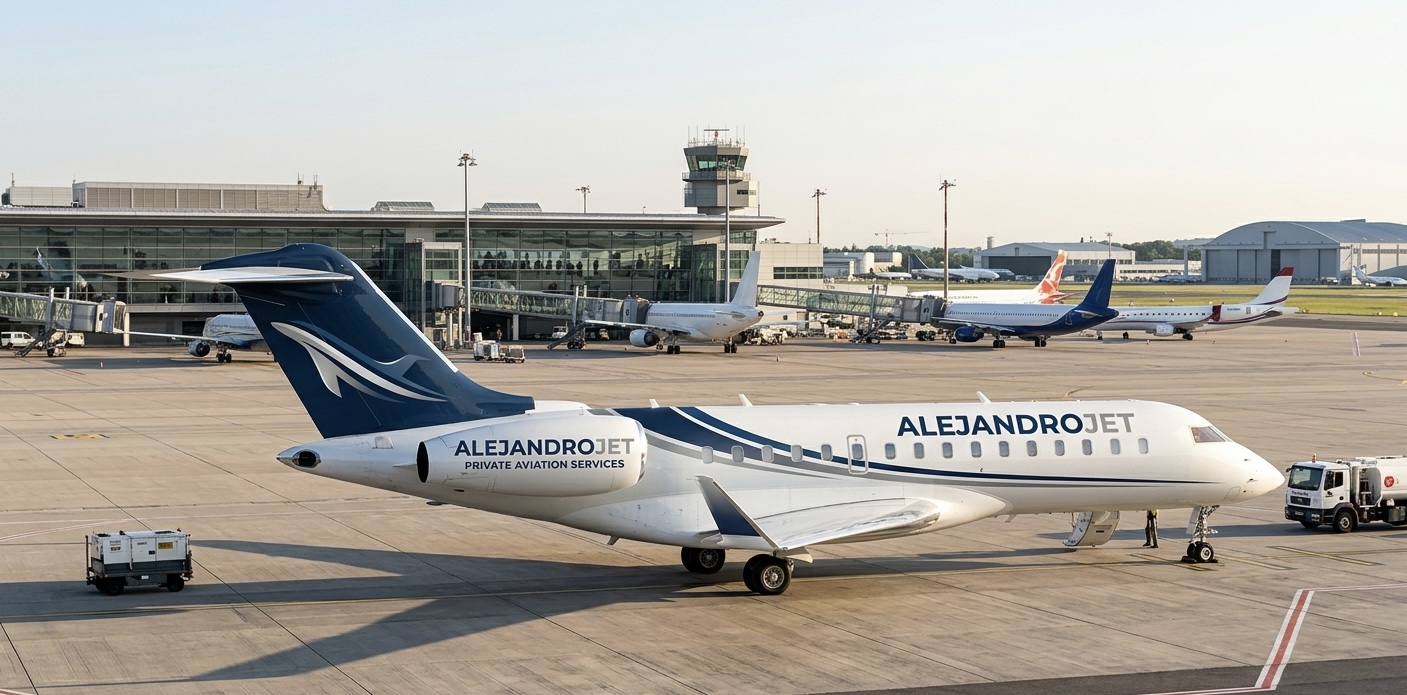 ALEJANDROJET aircraft parked on the apron at sunrise